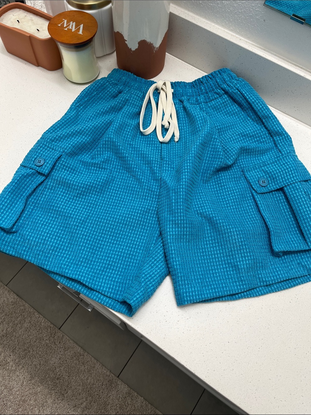 Duca Homme Waffle Knit Cargo Drawstring Shorts - Turquoise Blue - Size Small